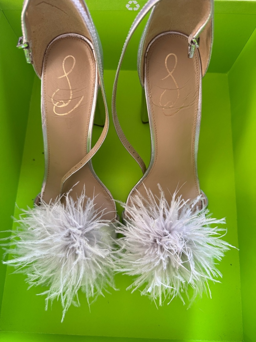 Sam Edelman Yaro Feather Block Heel Ankle Strap Sandals Soft Silver Size 9